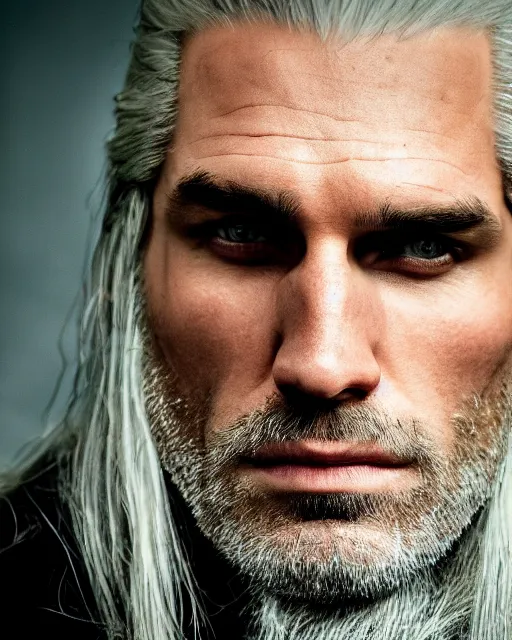 Image similar to portrait of geralt of rivia, 5 5 mm lens, professional photograph, times magazine, serious, stern look, zoomed out