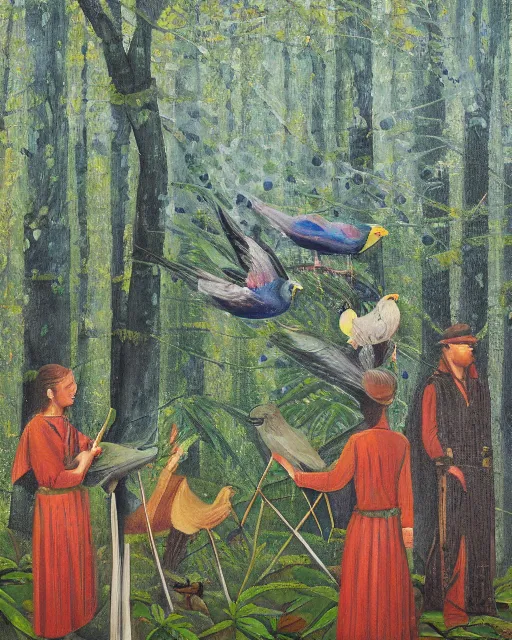 Image similar to a detailed relistic painting of a bird conference in the middle of a forest, an oil painting by benito quinquela martin, behance contest winner, american scene painting, sharp detail, behance contest winner, metaphysical painting, concert poster, poster art