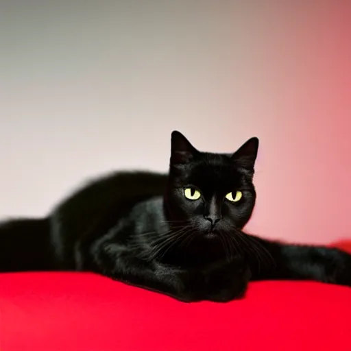 Image similar to a female black cat with red eyes and a crescent moon - shaped bald spot in her forehead