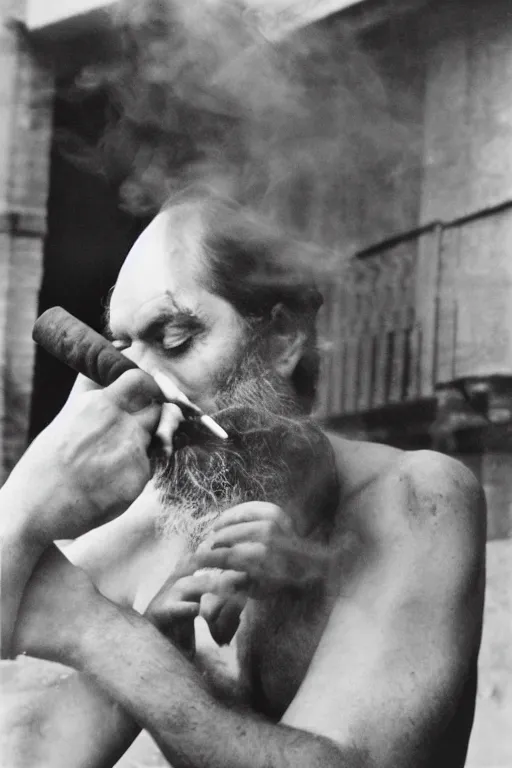 Image similar to a recent photograph of god smoking a cuban cigar by stanley kubrick