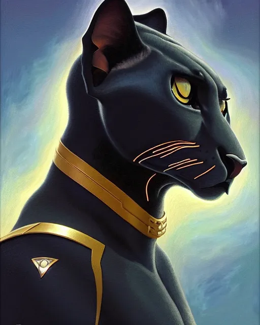 Image similar to painting of anthromorphic male panther in starfleet uniform, star trek, zootopia, fursona, furaffinity, 4 k, deviantart, furry art, very expressive detailed face, gaston bussiere, craig mullins, jc leyendecker, gustav klimt, artgerm, greg rutkowski, alphonse mucha