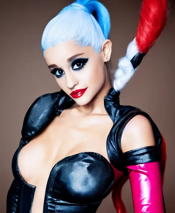 Prompt: ariana grande modeling as harley quinn, professional photograph