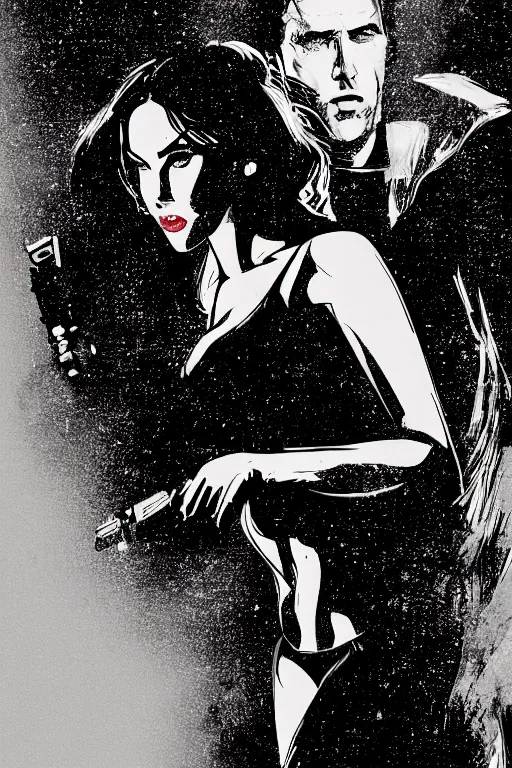 Prompt: film still from sin city, closeup portrait of film noir megan fox private detective, standing on a blade runner street corner, detailed illustration, digital art, trending on artstation, frank miller, martin ansin, movie poster,