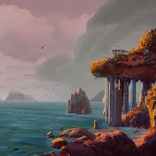 Image similar to digital 2 d, traditional paint, mixed media, concept art, illustration, environmental concept art & design, ruins, coast, ocean, sea, beach, remains, greek, pillars, vagrants, forest of liars, twilight, clouds, sky, coastline, sylvain sarrailh, concept art for forest of liars