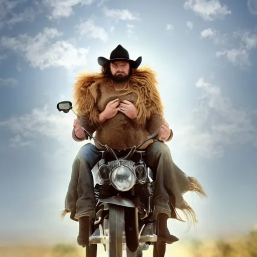 Prompt: a cute little, creature, on the shoulders of a tall, stocky man with long hair and a long trench coat and cowboy hat, next to a motorcycle