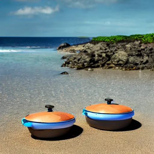 Image similar to two oblong woks on a beach, photorealistic, 8k