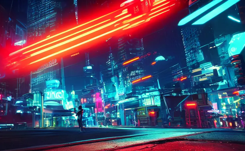 Prompt: you are looking for a giant walking on the small city, tron, close up bokeh hiperrealistic neon glow darkness dramatic neon f - zero ships, sharp focus, octane render, imax