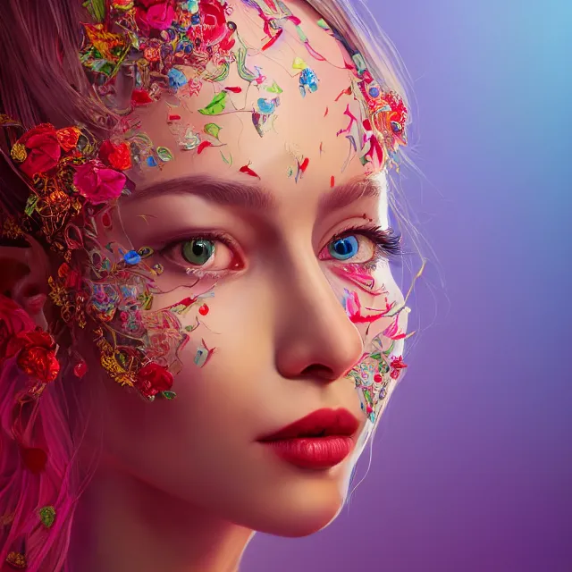 Prompt: studio portrait absurdly beautiful, elegant, lovely, young hypercolorful sensual russian woman rubies red petals gems, ultrafine hyperrealistic detailed face illustration by kim jung gi, irakli nadar, intricate linework, sharp focus, bright colors, matte, octopath traveler, final fantasy, unreal engine highly rendered, global illumination, radiant light, intricate rainbow environment