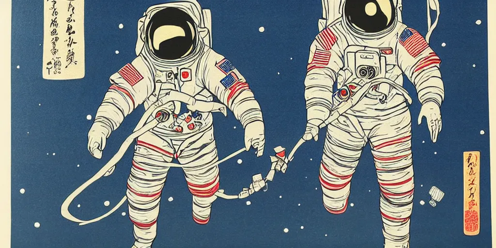 Image similar to traditional japanese painting of astronaut in space