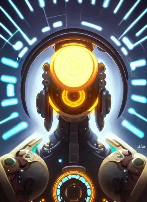 Image similar to symmetry portrait of zenyatta from overwatch, sci - fi, tech wear, glowing lights intricate, elegant, highly detailed, digital painting, artstation, concept art, smooth, sharp focus, illustration, art by artgerm and greg rutkowski and alphonse mucha