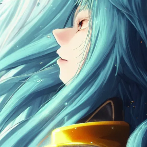 Prompt: side profile of rimuru tempest looking down with sky blue hair, long hair, gold eyes, high collar, 3 5 mm, black jacket | shiny, highly detailed, rain, professional digital painting, concept art, award - winning photography, cinematic, wlop | art by pixiv art, yoshitaka amano, deviantart