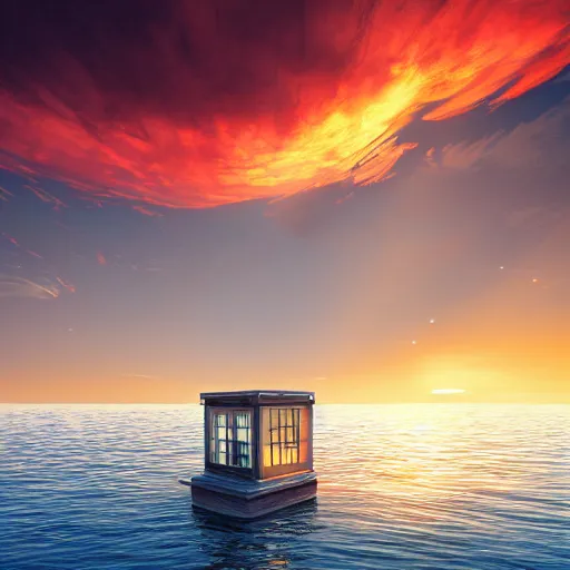 Image similar to a bathroom stall floating in the middle of the ocean, sunset, beautiful, ultra realistic digital art, 4k, cgsociety, HDR, Intricate