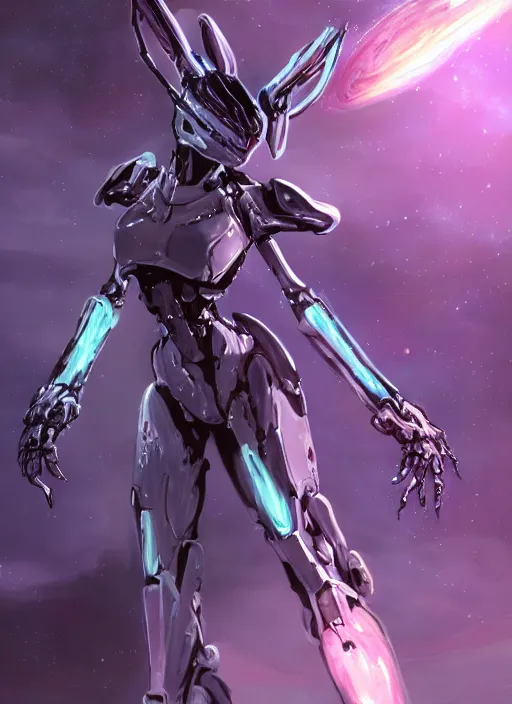 Image similar to cinematic shot, cosmic sized perfectly proportioned stunning beautiful hot female warframe, robot mecha female dragon head, mecha deagon maw, silver armor, fuschia leds, floating in empty space, nebula sized, holding a galaxy, epic proportions, epic size, epic scale, furry art, dragon art, giantess art, warframe fanart, furaffinity, deviantart