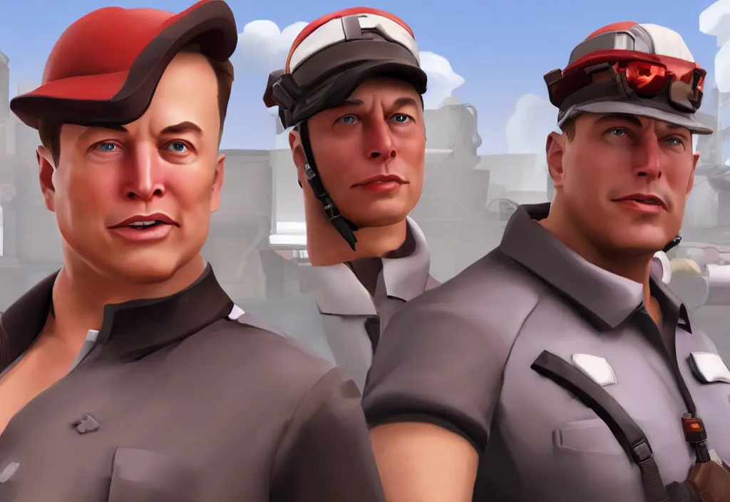 Image similar to elon musk in team fortress 2, elon musk in the video game team fortress, gameplay screenshot, close up, 3 d rendering. unreal engine. amazing likeness. very detailed.