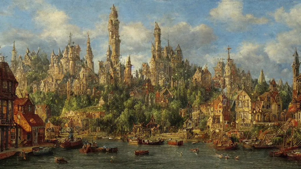 Image similar to an old enchanted fantasy town, viewed from the harbor, by jean - baptist monge,