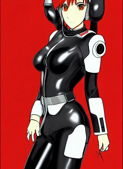 Image similar to Portrait of a female mech pilot in a black latex bodysuit, anime, cel-shaded, highly detailed, monotone, red highlights