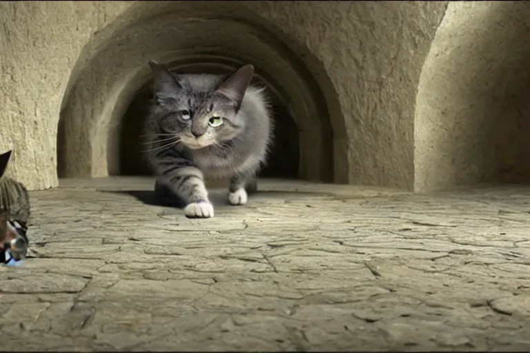 Prompt: futuristic VFX movie of a cat walking through a wizards magic underground study, natural lighting by Emmanuel Lubezki