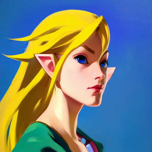 Prompt: portrait of a female Link from legend of Zelda, medium shot, asymmetrical, profile picture, Organic Painting, sunny day, Matte Painting, bold shapes, hard edges, street art, trending on artstation, by Greg Manchess and Gil Elvgren and Sachin Teng