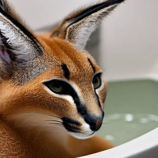 Image similar to cute caracal in bathtub, by Tristram James Ellis, Michelangelo