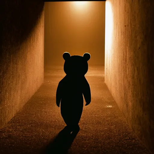 Image similar to dark photograph of a small bear mascot with a spotlight focused on him walking through a large wooden doorway