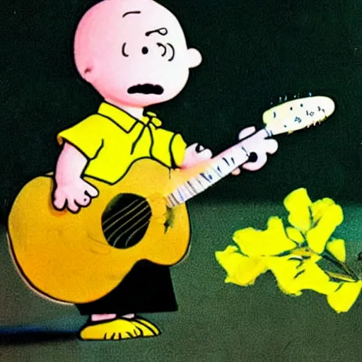 Image similar to Charlie Brown performing at Woodstock 1999, photograph, award winner, hyperrealistic