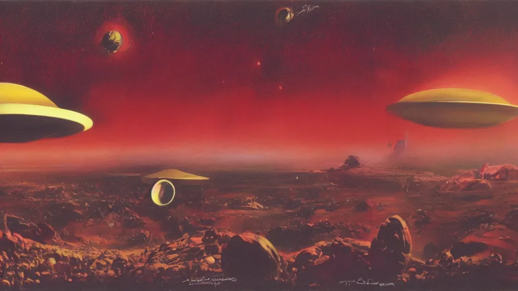 Prompt: flying saucer design by paul lehr and jack gaughan and john schoenherr, cinematic matte painting