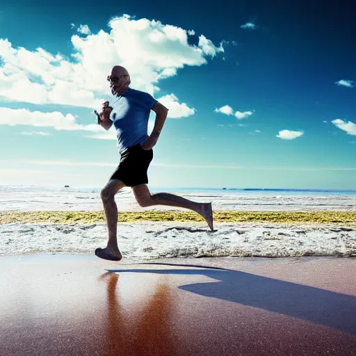 Image similar to Walter White running on the beach, artistic, 8k, cinematic, accurate, symetric, face, dramatic lighting, pastel colours