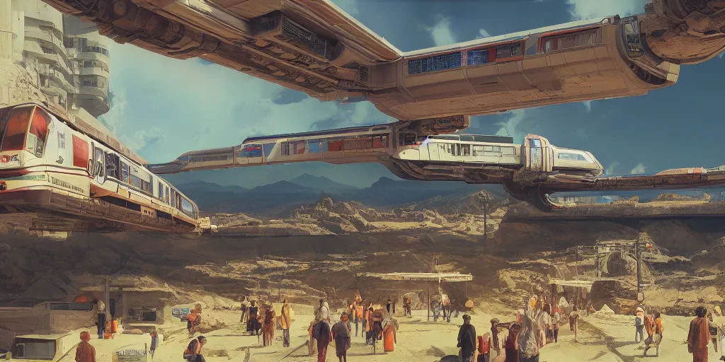 Prompt: concept art monorail shonan in martian landscape, brutalism, colorful, syd mead, norman rockwell, 4 k resolution, octane render, intricate, ultra detailed, medium full shot, volumetric lighting, cinematic lighting + masterpiece,