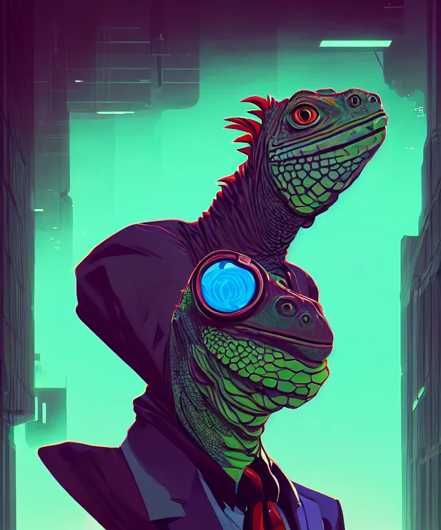 Image similar to a portrait of an anthropomorphic iguana wearing a suit, cyberpunk!, fantasy, elegant, digital painting, artstation, concept art, matte, sharp focus, illustration, art by josan gonzalez