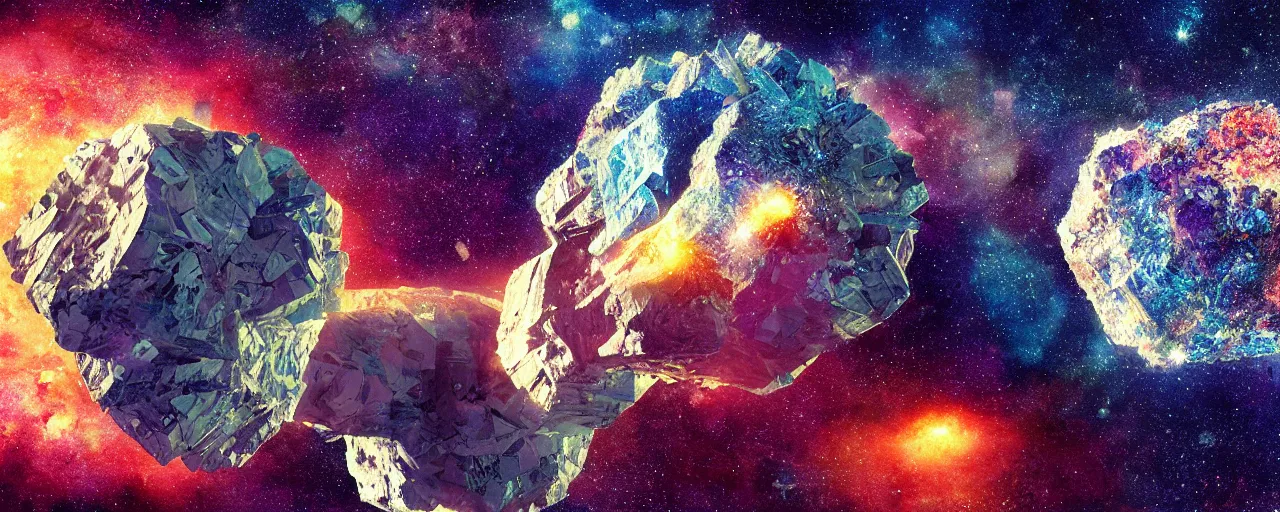 Image similar to asteroid made of shiny donald trump and crystals, [ shards, facets, by paul lehr, cinematic, detailed, epic, widescreen, opening, establishing, mattepainting, photorealistic, realistic textures, octane render ]