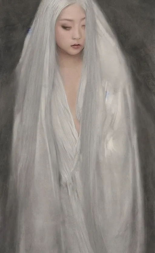 Image similar to angel with silver hair so pale and wan! and thin!?, flowing robes, covered in robes, lone pale asian goddess, wearing robes of silver, flowing, pale skin, young cute face, covered!!, clothed!! lucien levy - dhurmer, jean deville, oil on canvas, 4 k resolution, aesthetic!, mystery