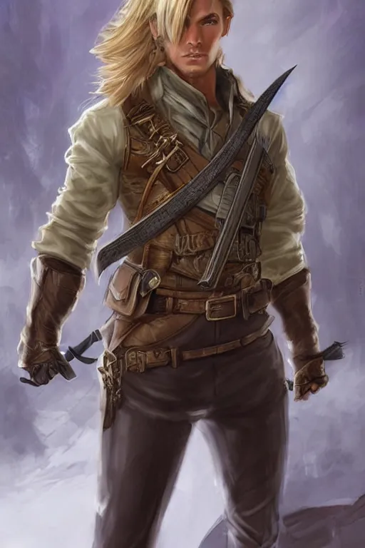 Prompt: a male ranger, dnd, with a leather vest and linen pants, long swept back blond hair, chiseled good looks, digital art