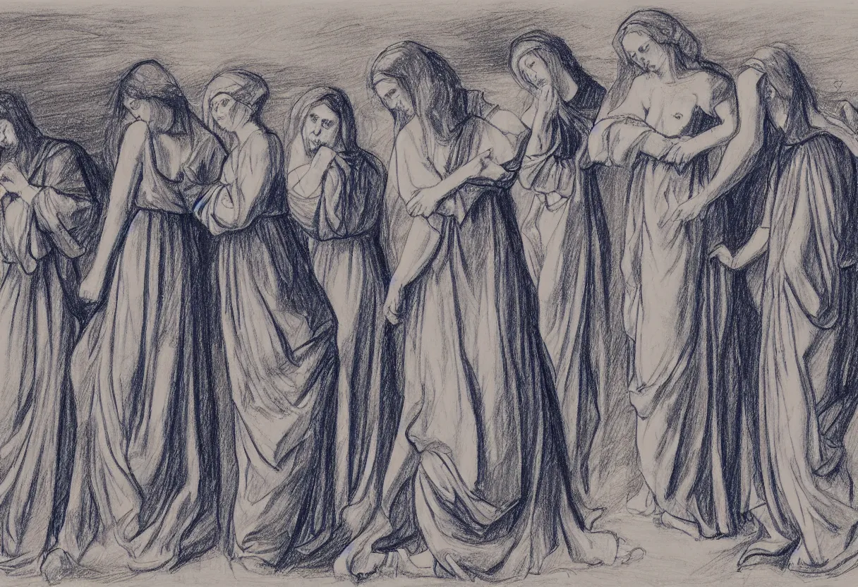 Prompt: a drawing of 3 maria's with blue dresses in a landscape crying at the death of christ