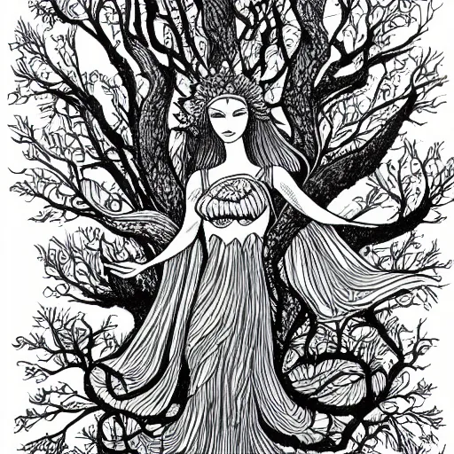 Image similar to goddess of the forest, ink drawing, black ink illustration, by a very talented artist, award winning, intricate detail, mysterious