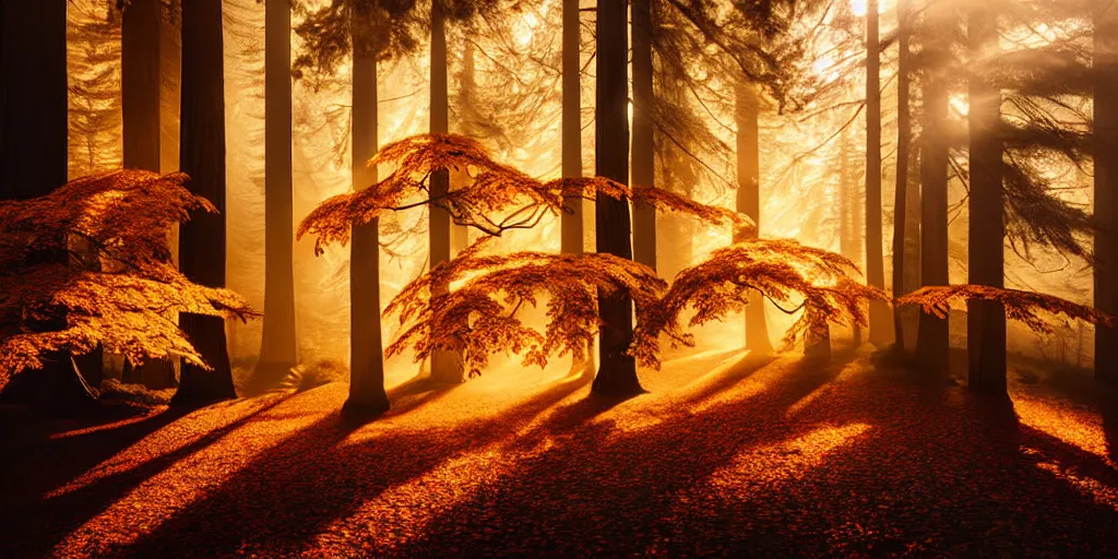 Prompt: autumnal leaves surrounded by redwood trees, by dustin lefevre, marco grassi, sapna reddy, ansel adams during golden hour, cinematic forest lighting, hyperdetailed, in volumetric soft glowing mist, elegant pose, movie still, real life landscape