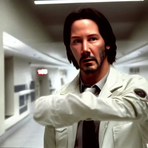 Image similar to beautiful hyperrealism three point perspective film still of Keanu Reeves having face hugger breakthrough surgery in medical bay in Aliens(1988) extreme closeup portrait in style of 1990s frontiers in translucent porclein miniature street photography seinen manga fashion edition, miniature porcelain model, focus on face, eye contact, tilt shift style scene background, soft lighting, Kodak Portra 400, cinematic style, telephoto by Emmanuel Lubezki