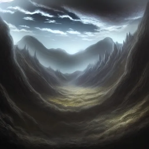 Image similar to a dark cloudy !!hand!! in a valley reaching out of the sky trying to touch the ground, matte painting, fantasy art