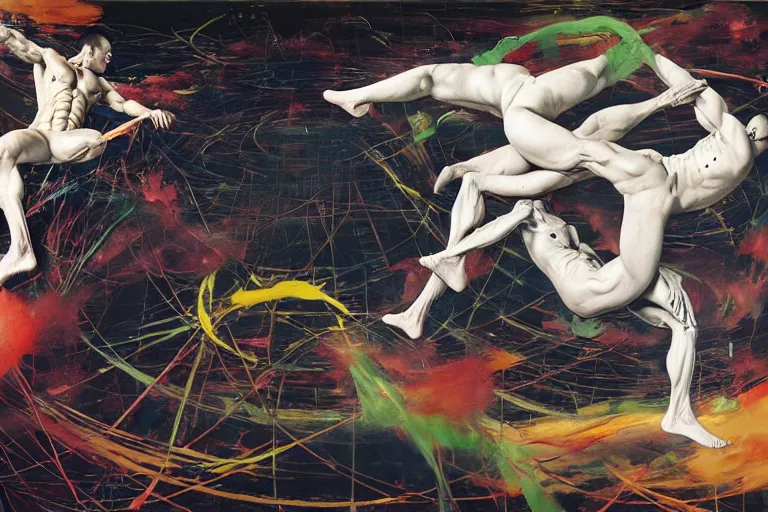 Image similar to two muscular men entwined, floating in space, zero gravity, inside a brutalist space ship, gothic, rich deep colours, painted by francis bacon, adrian ghenie, james jean and petra cortright, part by gerhard richter, part by takato yamamoto. 8 k masterpiece