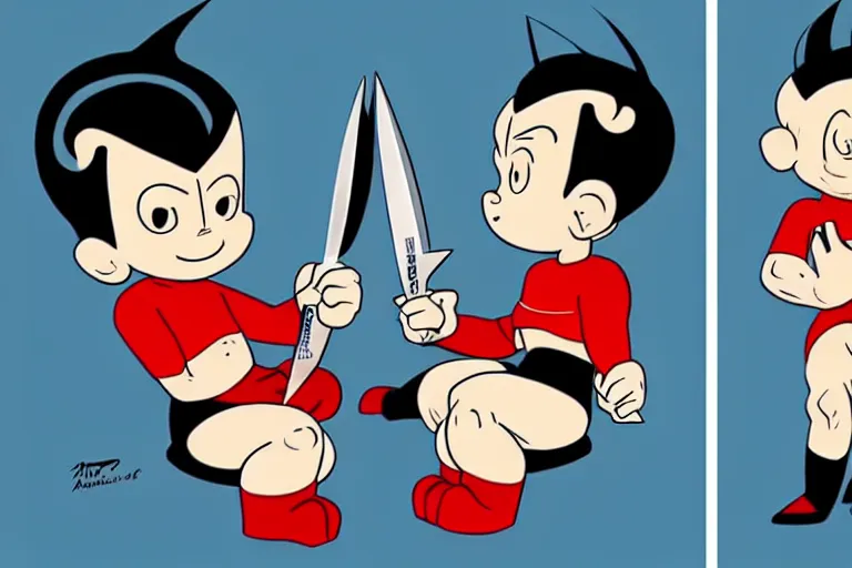 Image similar to a barber struggles to cut the hair of conjoined twins, style of astro boy, trending on artstation