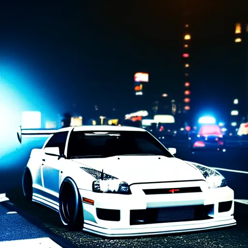 Image similar to a car GTR twin turbo drift at illegal car meet, Shibuya prefecture, city midnight mist lights, cinematic lighting, photorealistic, highly detailed wheels, high detail