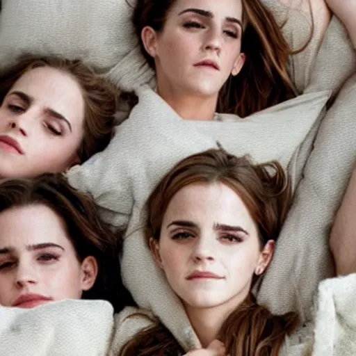 Image similar to emma watson and her friends sleeping in several beds