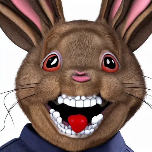 Image similar to A extremely highly detailed majestic hi-res beautiful, highly detailed head and shoulders portrait of a scary terrifying creepy cartoon rabbit evil smiling standing up wearing pants and a shirt in the style of Walt Disney animation