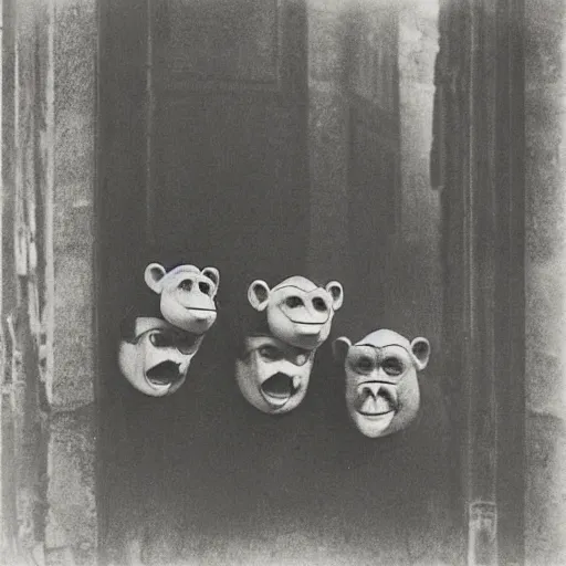 Image similar to portrait of people wearing monkey masks, photograph, style of atget, 1 9 1 0, creepy, dark