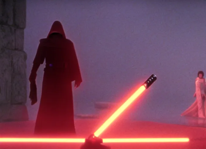 Image similar to epic still of luke skywalker using lightsaber in foggy environment, approaching an ancient temple in the distance, female sith lord in the distance, iconic scene from the 1980s film directed by Stanley Kubrick, cinematic lighting, kodak film stock, strange, hyper real, stunning moody cinematography, with anamorphic lenses, crisp, detailed portrait, 4k image