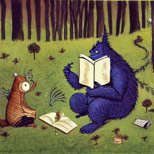 Prompt: monster reading a book in a forest, where the wild things are, bicycle, log, oil on canvas, calm, maurice sendak