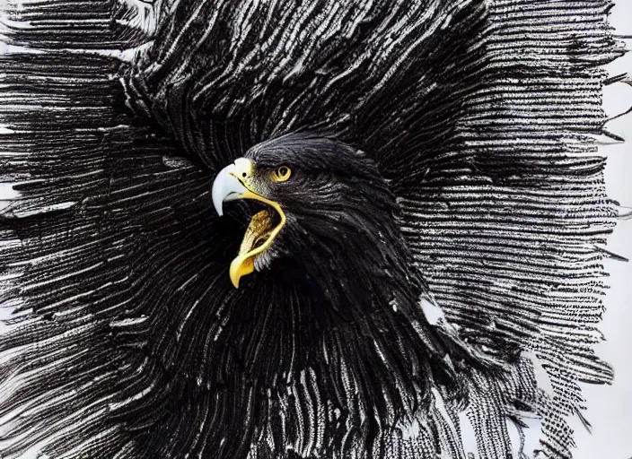 Prompt: pieces of a ripped flag!!!, chicken feathers and saw dust molten and restructured into a beautiful!!!, abstract!!!!!!! sculpture of an eagle, black backdrop, high contrast, award winning photo, dslr, high quality