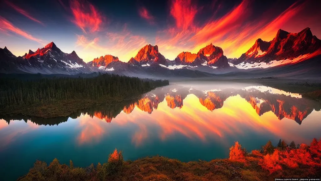 Image similar to amazing landscape photo of mountains with lake in sunset by marc adamus, beautiful dramatic lighting