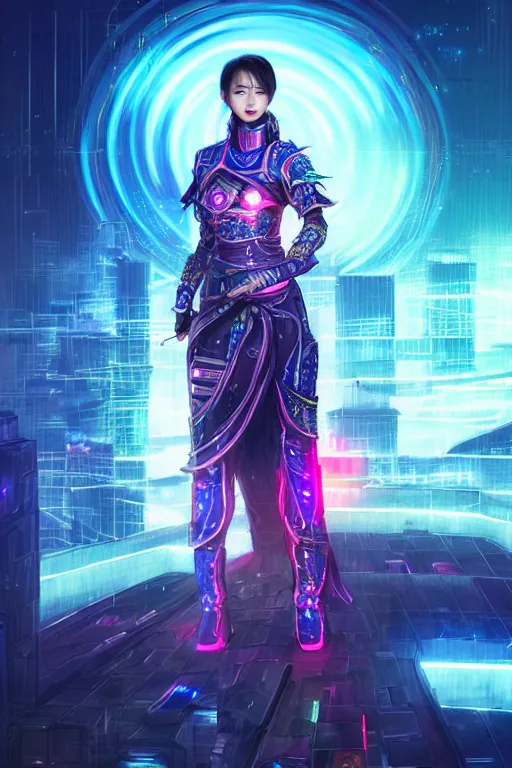 Prompt: portrait futuristic wuxia armor heroine Girl with thunder and fire sparkles and starlight, sword dance in future cyberpunk beijing night rooftop , ssci-fi, fantasy, intricate, very very beautiful, elegant, human structure, neon light, highly detailed, digital painting, artstation, concept art, smooth, sharp focus, illustration, art by tian zi and WLOP and alphonse mucha