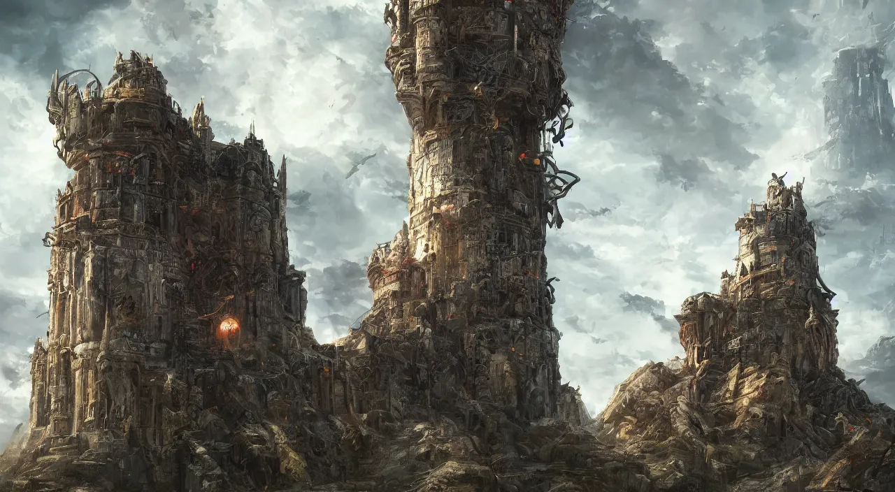 Prompt: an enormous watchtower guarded by cerberus, large scale, breathtaking, mixed media, digital art, trending on artstation, 8k, epic composition, highly detailed, AAA graphics