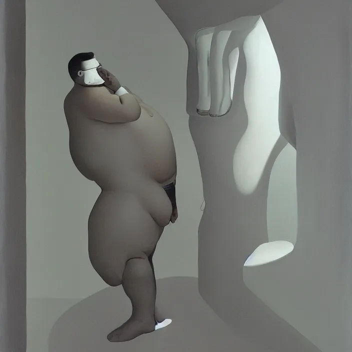 Prompt: portrait of a fat man standing, dressed in all white futuristic bodysuit with a bionic leg Edward Hopper and James Gilleard, Zdzislaw Beksinski, highly detailed